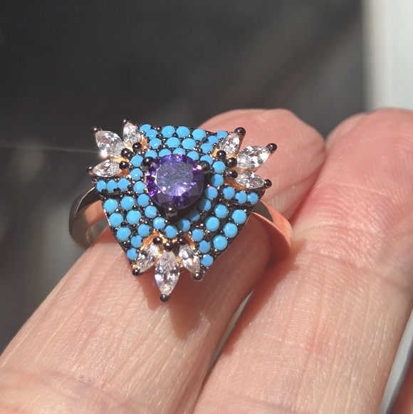 Amethyst Turquise & topaz Sterling & Rosegold Ring Sz8 - Picture 12 of 12